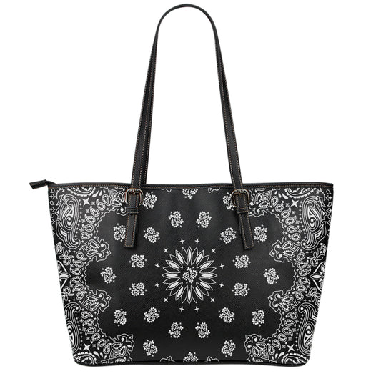 Black Paisley Bandana Print Leather Tote Bag