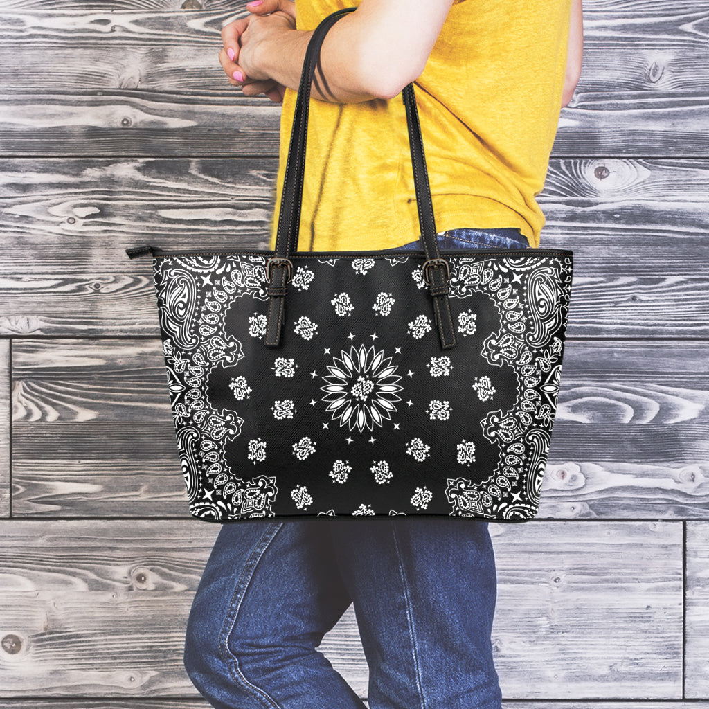 Black Paisley Bandana Print Leather Tote Bag