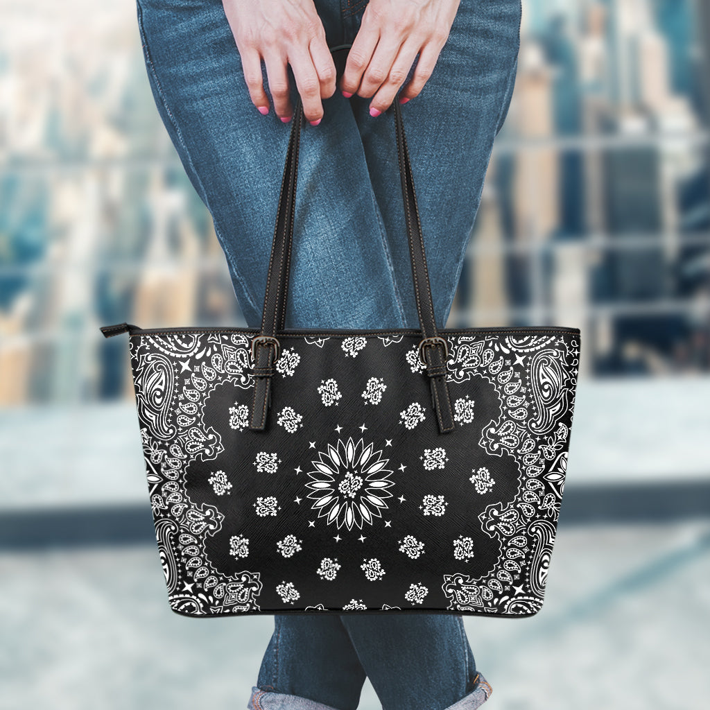 Black Paisley Bandana Print Leather Tote Bag