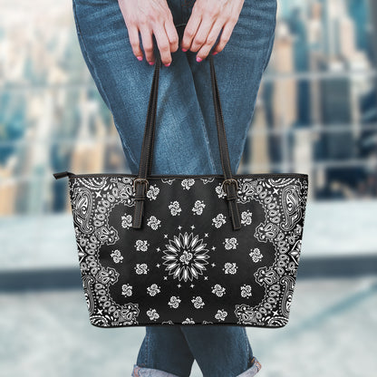 Black Paisley Bandana Print Leather Tote Bag