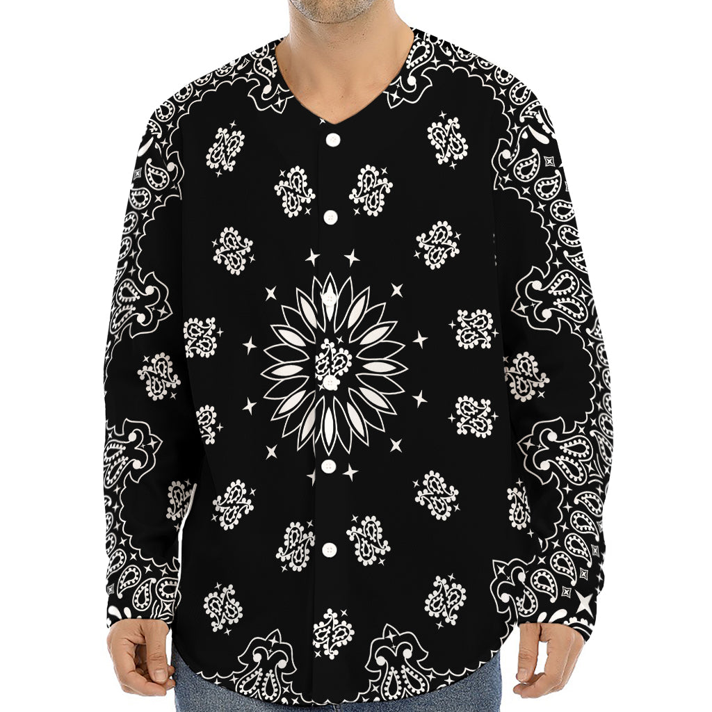 Black Paisley Bandana Print Long Sleeve Baseball Jersey