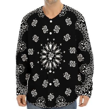 Black Paisley Bandana Print Long Sleeve Baseball Jersey