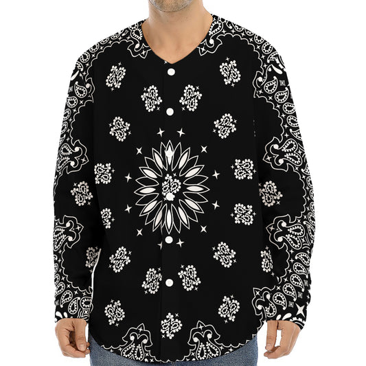 Black Paisley Bandana Print Long Sleeve Baseball Jersey