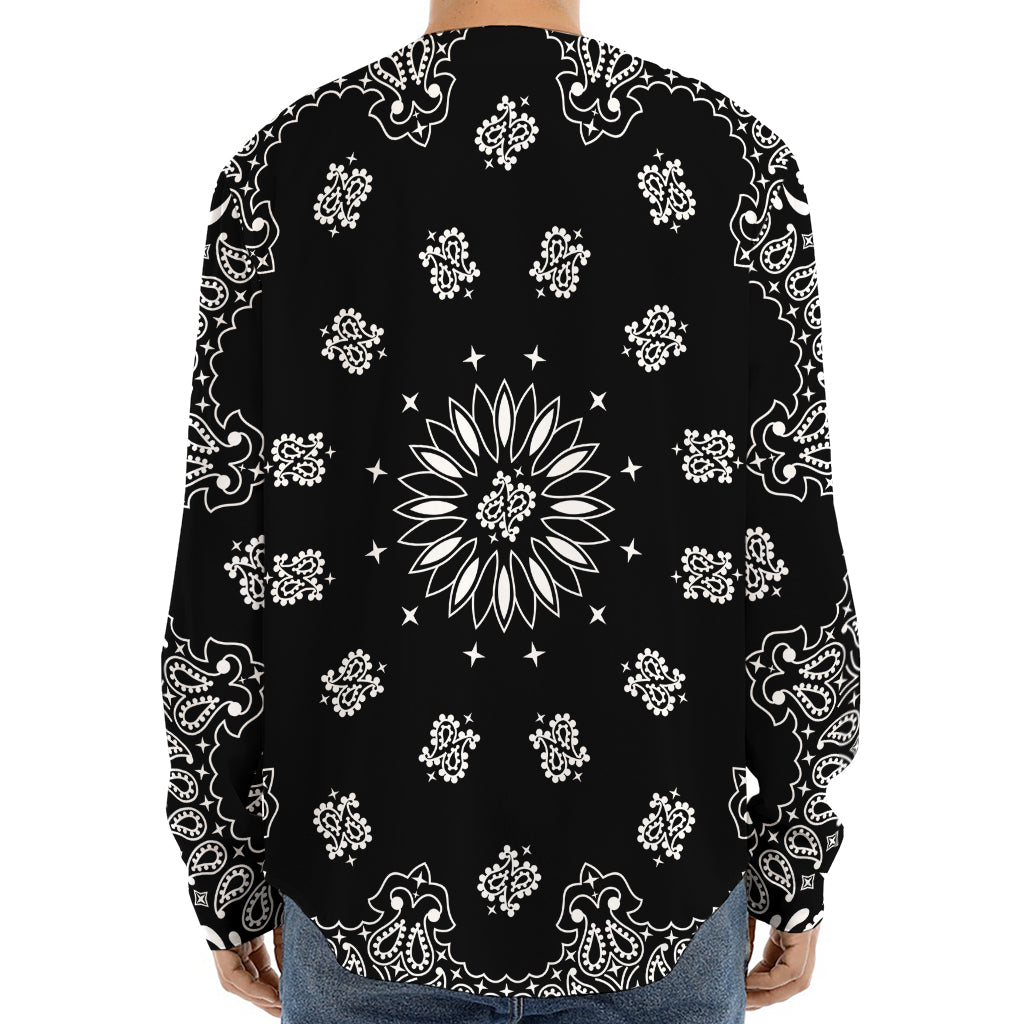 Black Paisley Bandana Print Long Sleeve Baseball Jersey