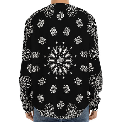 Black Paisley Bandana Print Long Sleeve Baseball Jersey