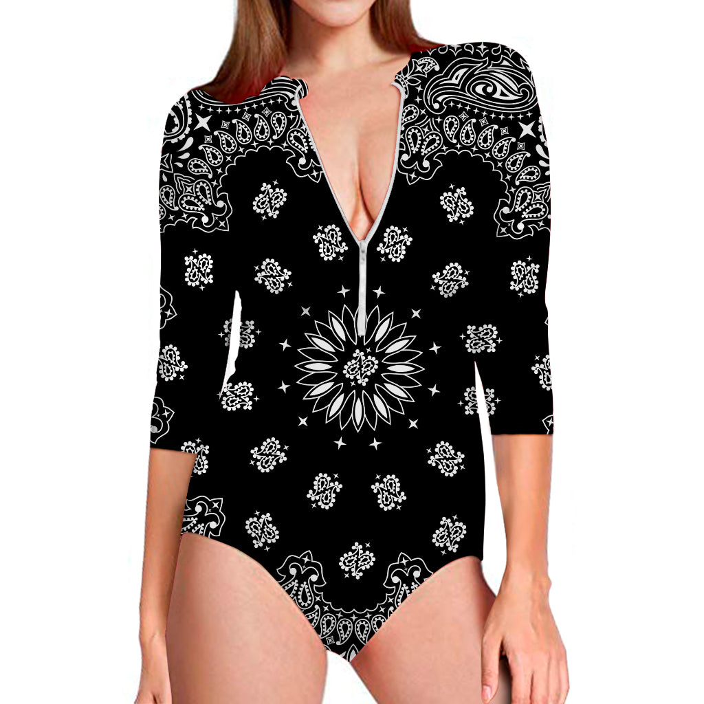 Black Paisley Bandana Print Long Sleeve Swimsuit
