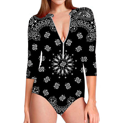 Black Paisley Bandana Print Long Sleeve Swimsuit