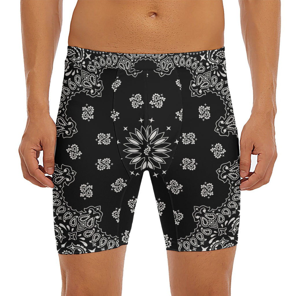 Black Paisley Bandana Print Men's Long Boxer Briefs