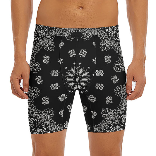 Black Paisley Bandana Print Men's Long Boxer Briefs