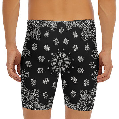 Black Paisley Bandana Print Men's Long Boxer Briefs