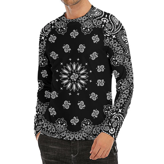 Black Paisley Bandana Print Men's Long Sleeve Rash Guard