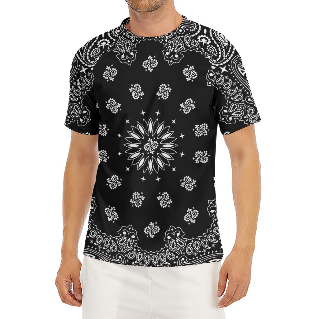 Black Paisley Bandana Print Men's Short Sleeve Rash Guard