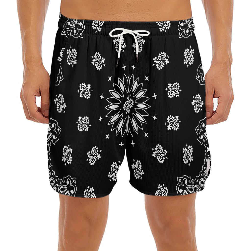 Black Paisley Bandana Print Men's Split Running Shorts