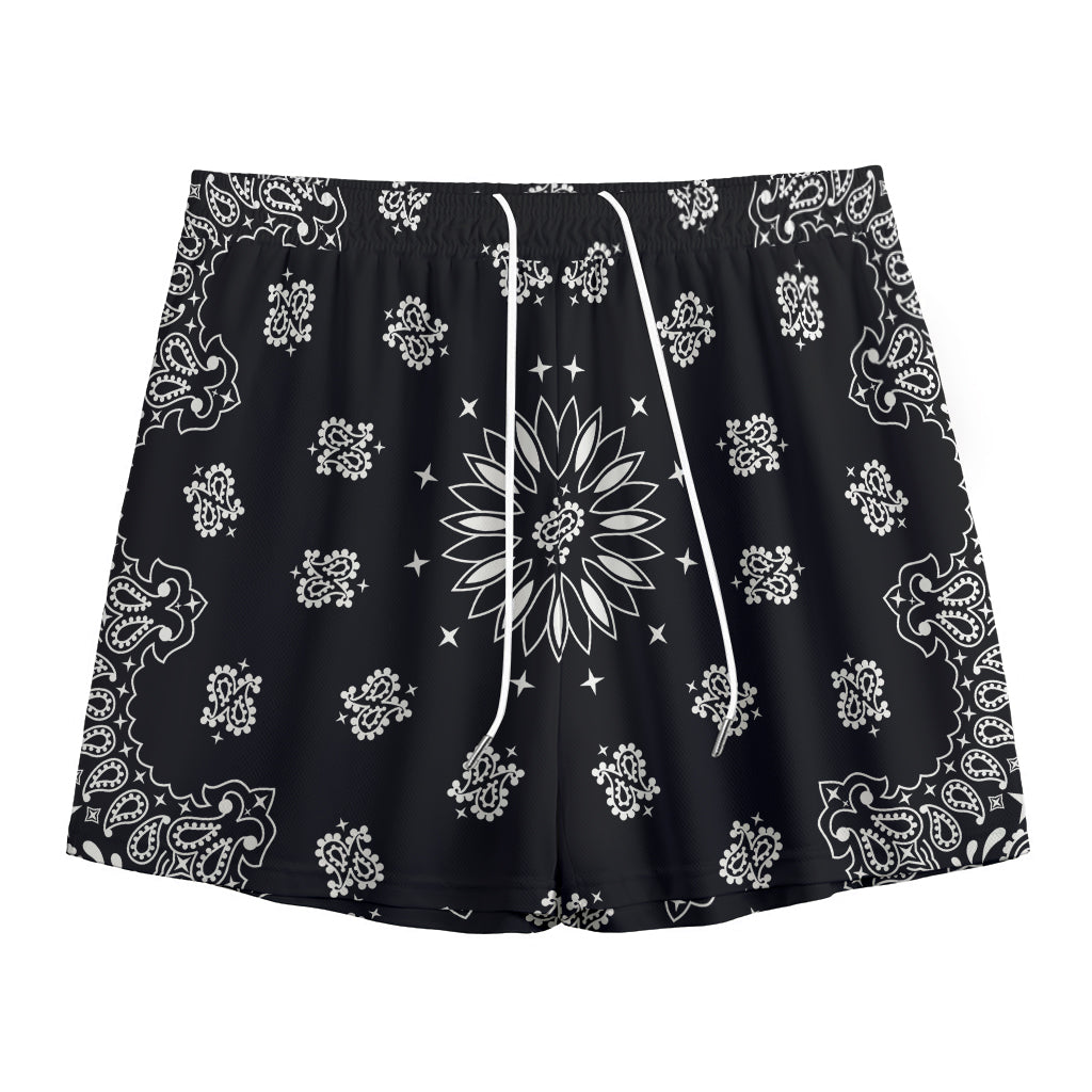Black Paisley Bandana Print Mesh Shorts