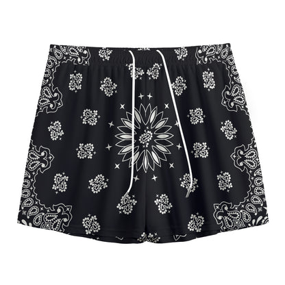 Black Paisley Bandana Print Mesh Shorts