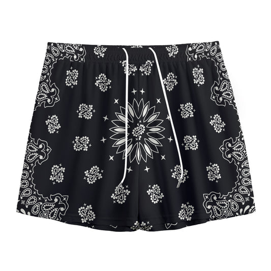 Black Paisley Bandana Print Mesh Shorts