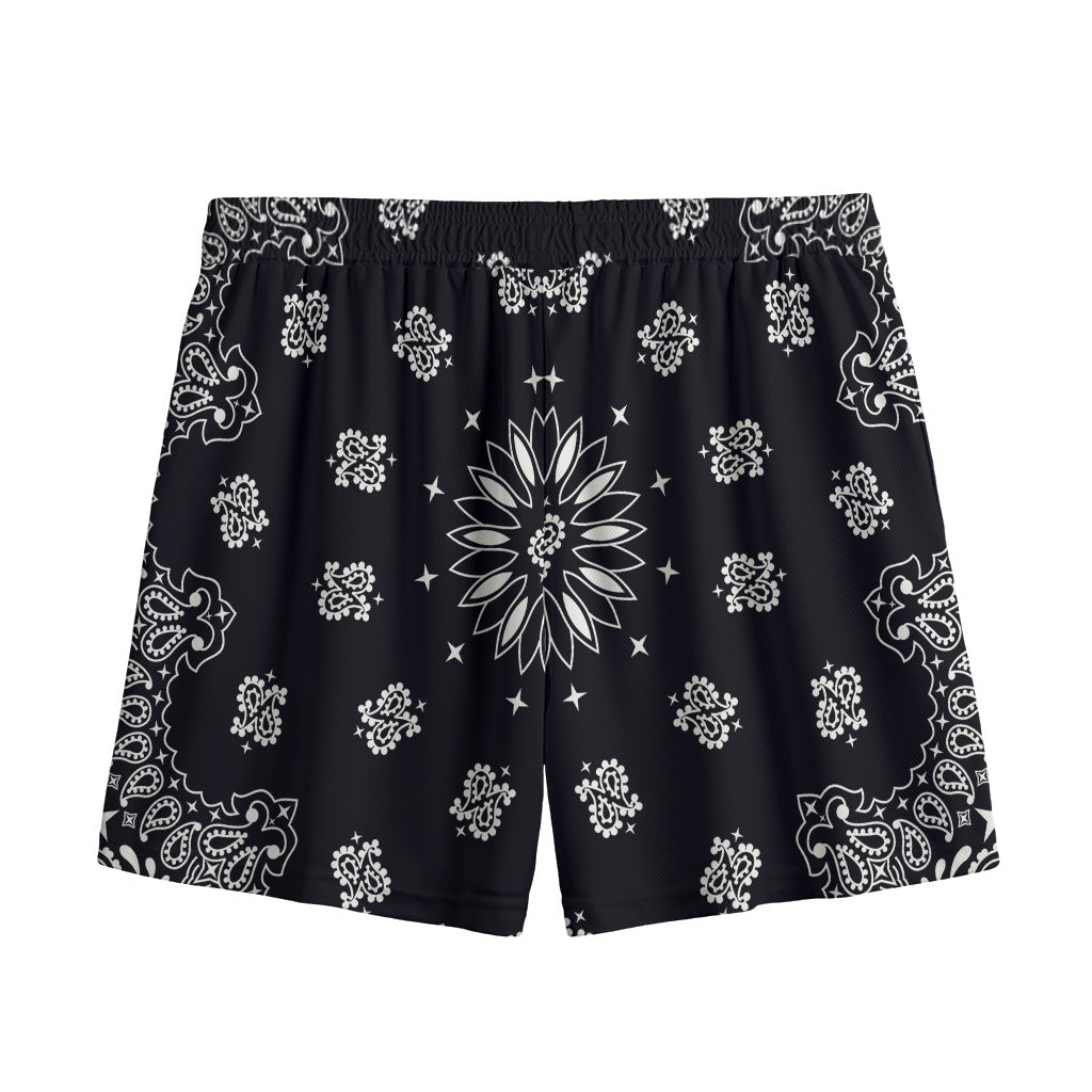 Black Paisley Bandana Print Mesh Shorts