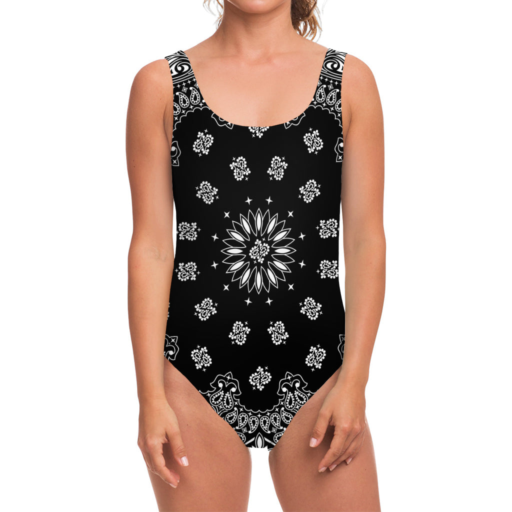 Black Paisley Bandana Print One Piece Swimsuit