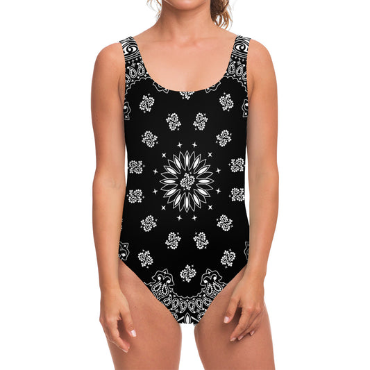 Black Paisley Bandana Print One Piece Swimsuit
