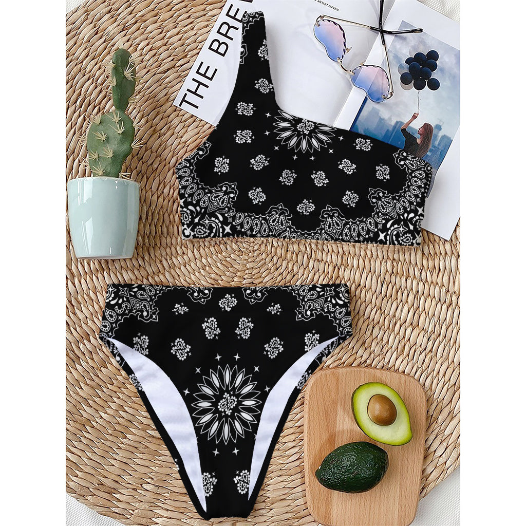 Black Paisley Bandana Print One Shoulder Bikini Top