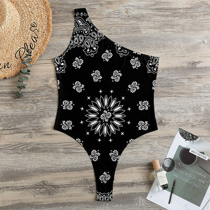 Black Paisley Bandana Print One Shoulder Bodysuit