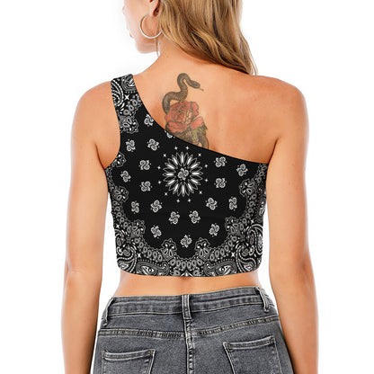 Black Paisley Bandana Print One Shoulder Crop Top