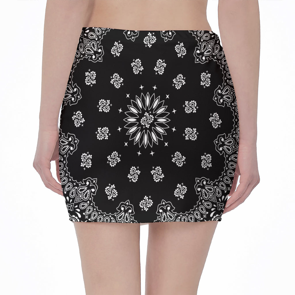 Black Paisley Bandana Print Pencil Mini Skirt
