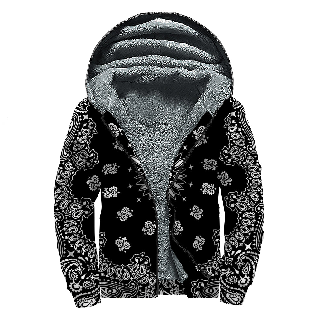 Black Paisley Bandana Print Sherpa Lined Zip Up Hoodie
