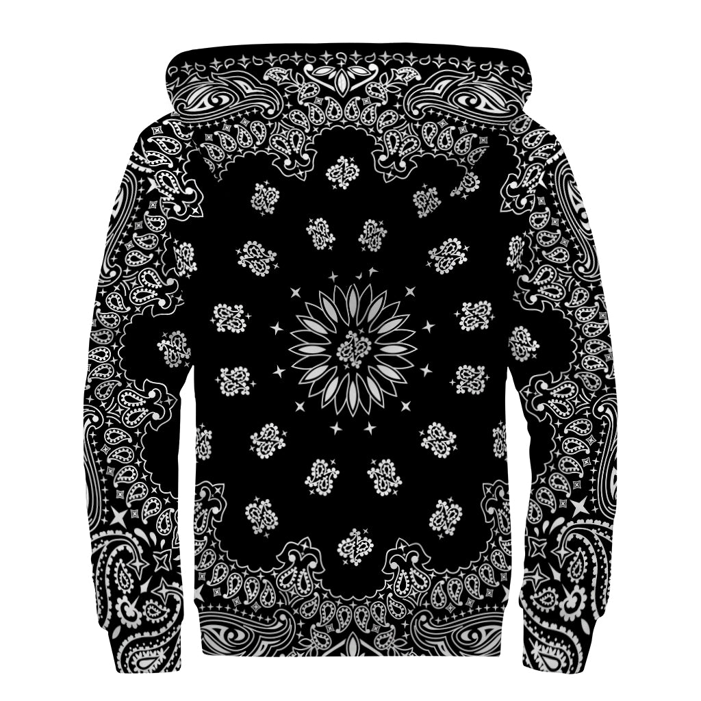 Black Paisley Bandana Print Sherpa Lined Zip Up Hoodie