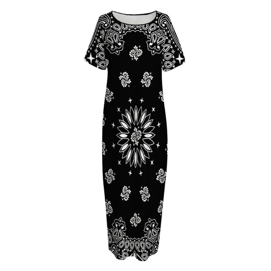 Black Paisley Bandana Print Short Sleeve Long Nightdress