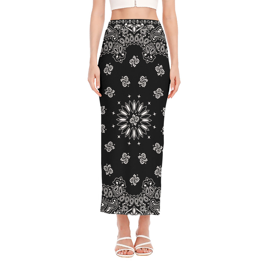 Black Paisley Bandana Print Side Slit Maxi Skirt