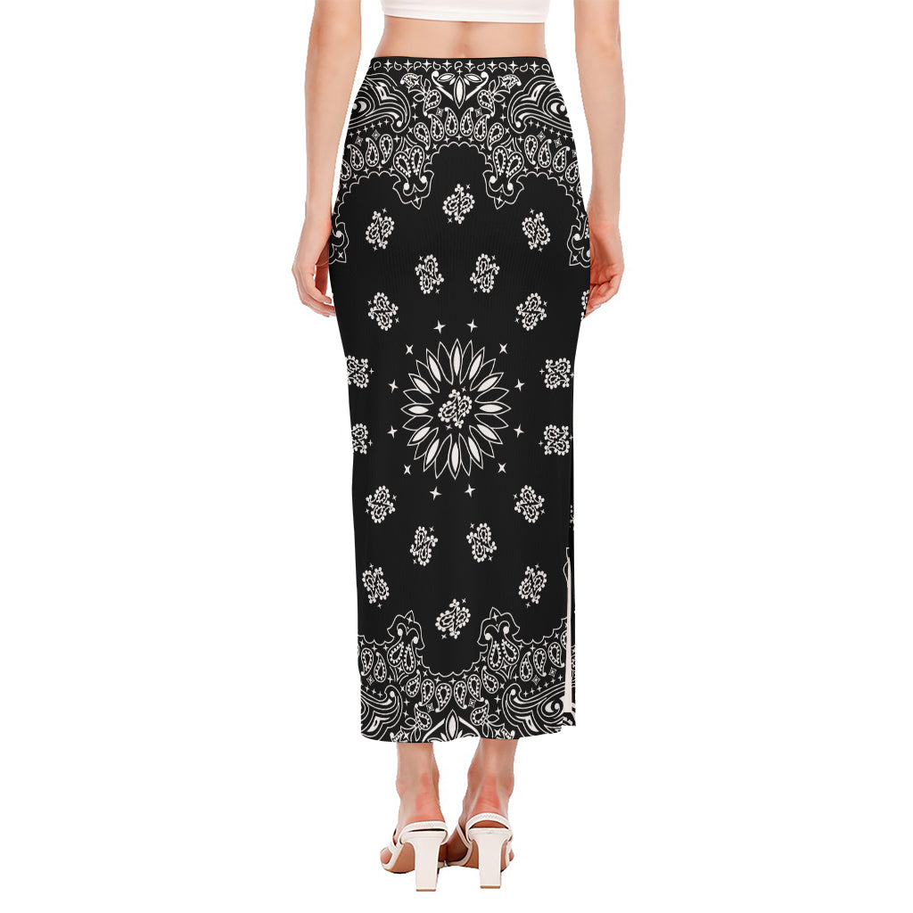 Black Paisley Bandana Print Side Slit Maxi Skirt