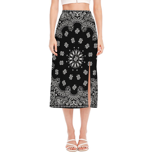 Black Paisley Bandana Print Side Slit Midi Skirt