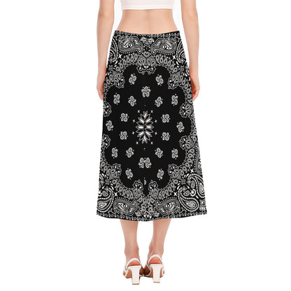 Black Paisley Bandana Print Side Slit Midi Skirt