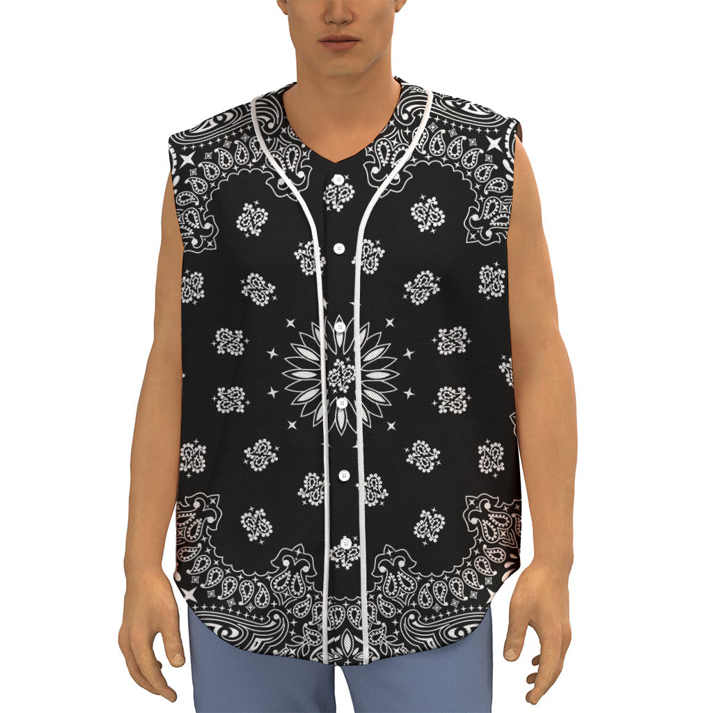 Black Paisley Bandana Print Sleeveless Baseball Jersey
