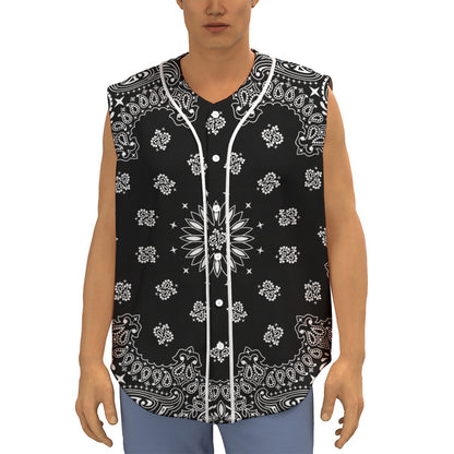 Black Paisley Bandana Print Sleeveless Baseball Jersey