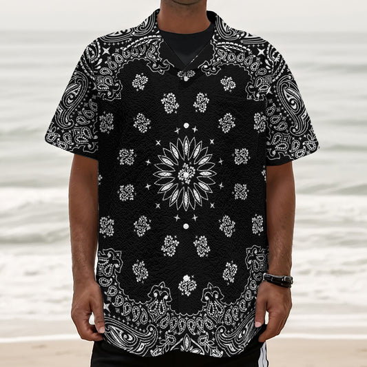 Black Paisley Bandana Print Textured Short Sleeve Shirt