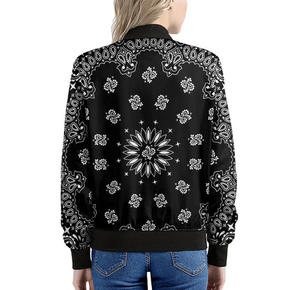 Black Paisley Bandana Print Women's Bomber Jacket