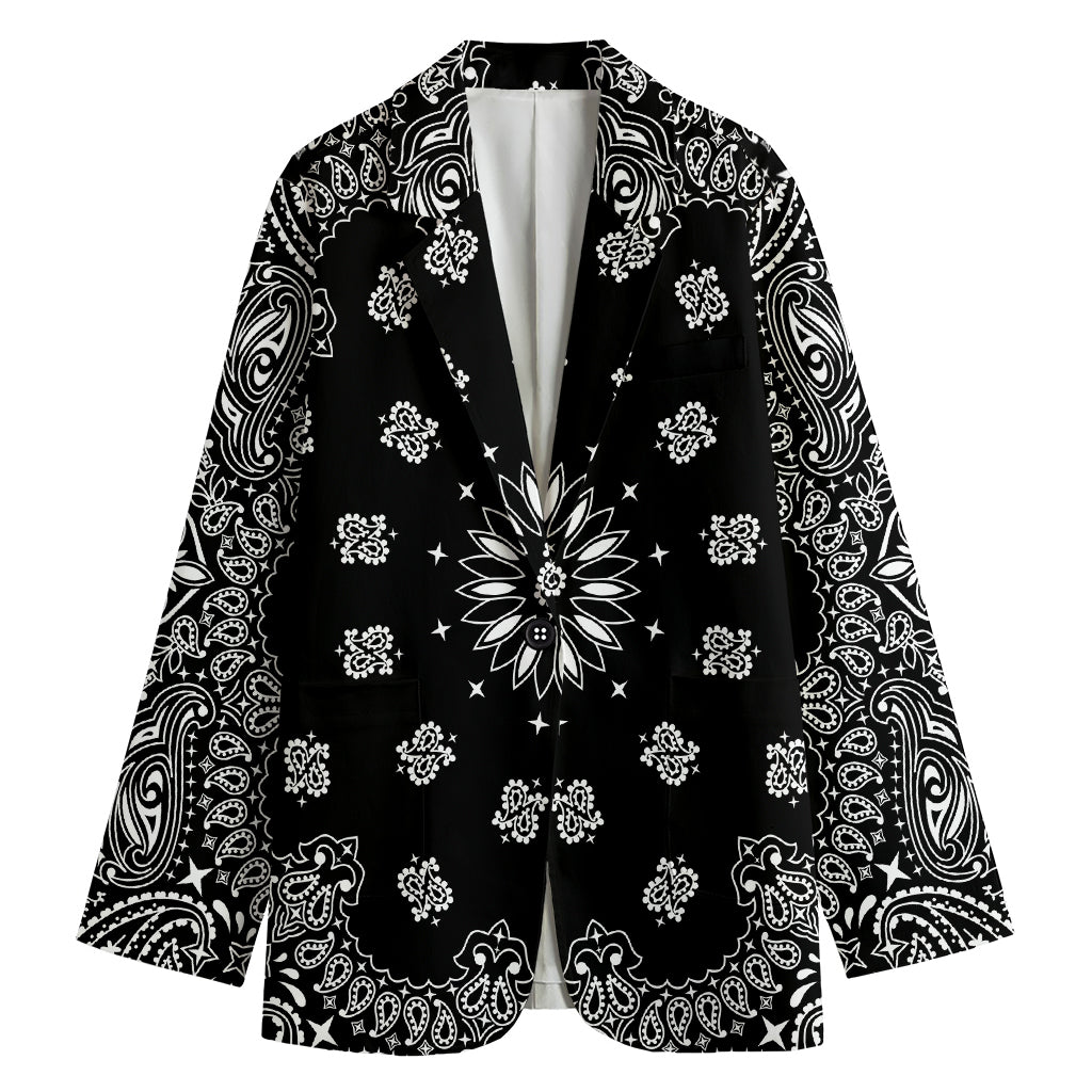 Black Paisley Bandana Print Women's Cotton Blazer