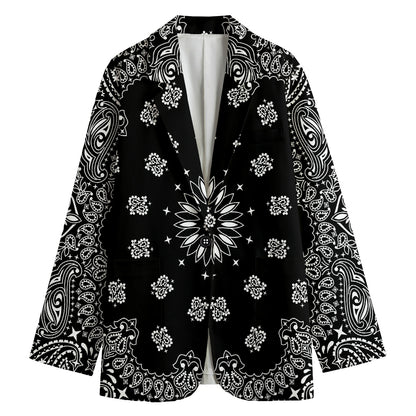 Black Paisley Bandana Print Women's Cotton Blazer