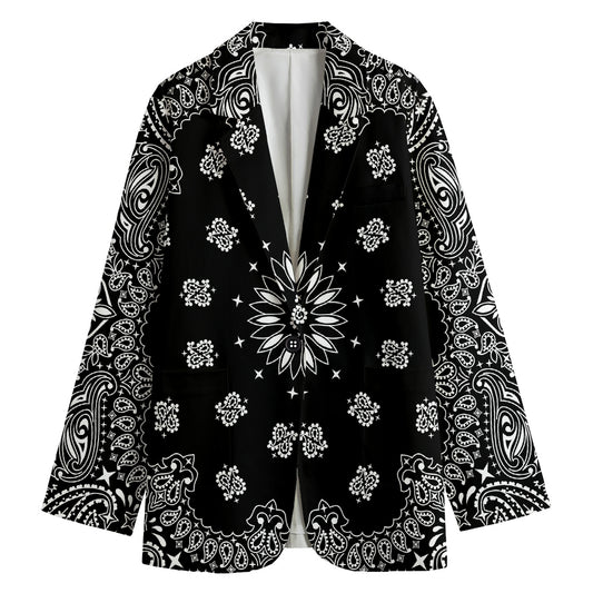 Black Paisley Bandana Print Women's Cotton Blazer