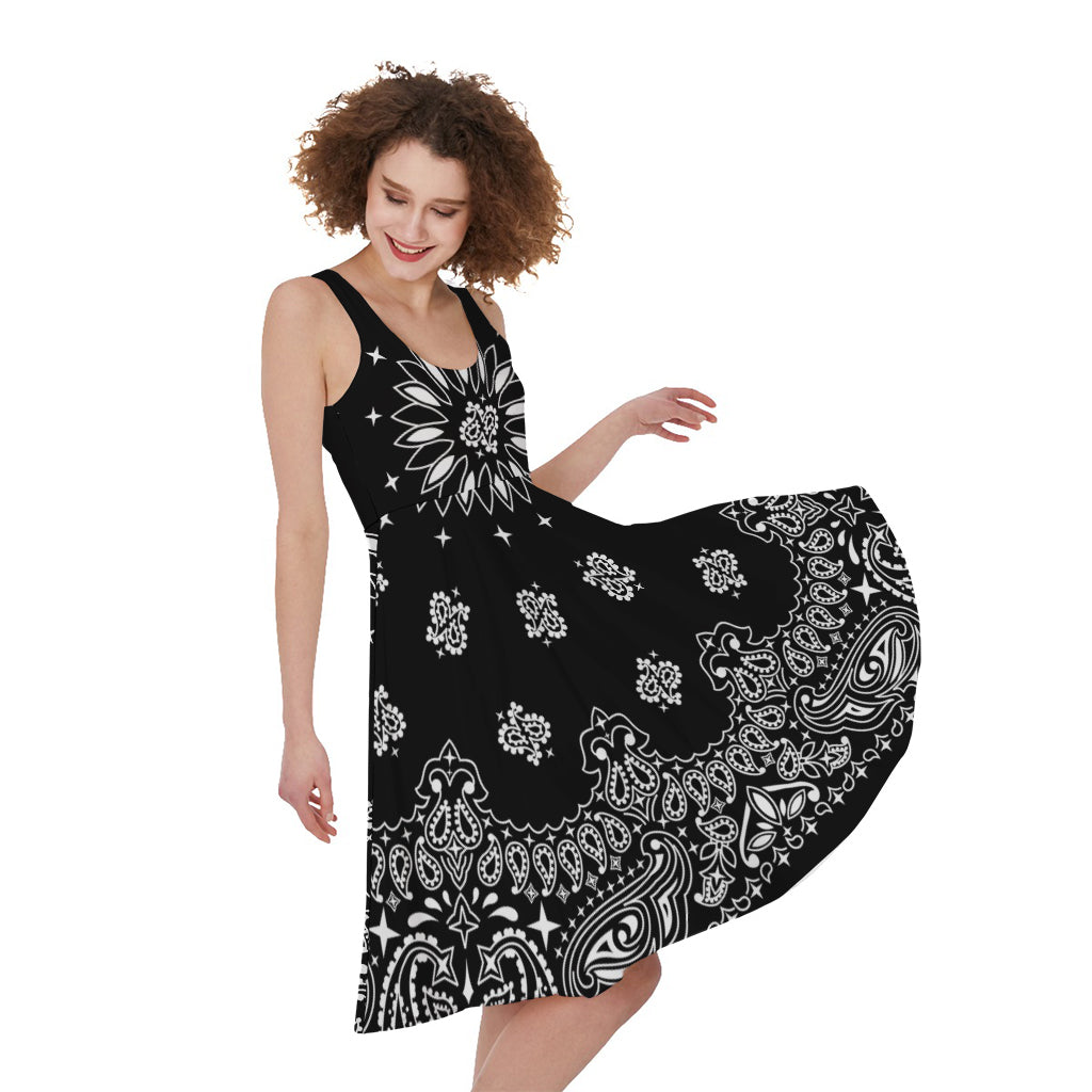 Black Paisley Bandana Print Women's Sleeveless Dress