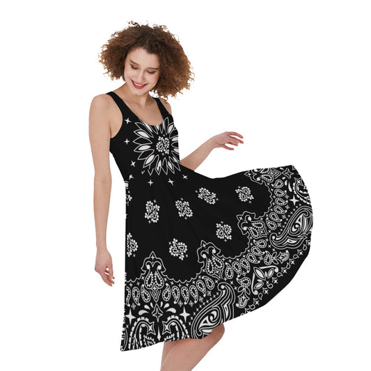 Black Paisley Bandana Print Women's Sleeveless Dress