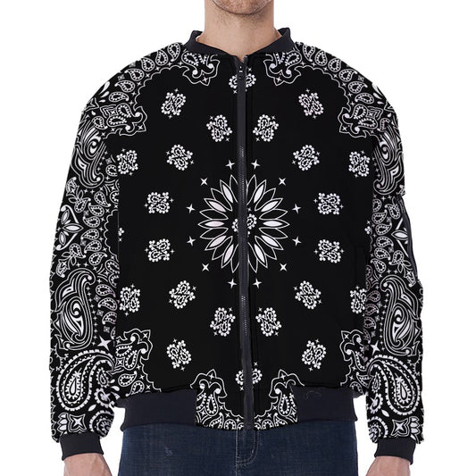 Black Paisley Bandana Print Zip Sleeve Bomber Jacket