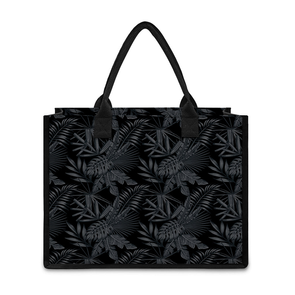 Black Palm Leaf Aloha Pattern Print Canvas Tote Bag