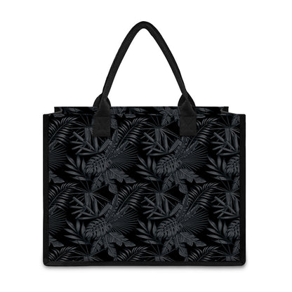 Black Palm Leaf Aloha Pattern Print Canvas Tote Bag