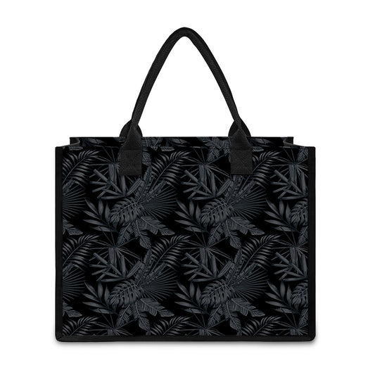 Black Palm Leaf Aloha Pattern Print Canvas Tote Bag