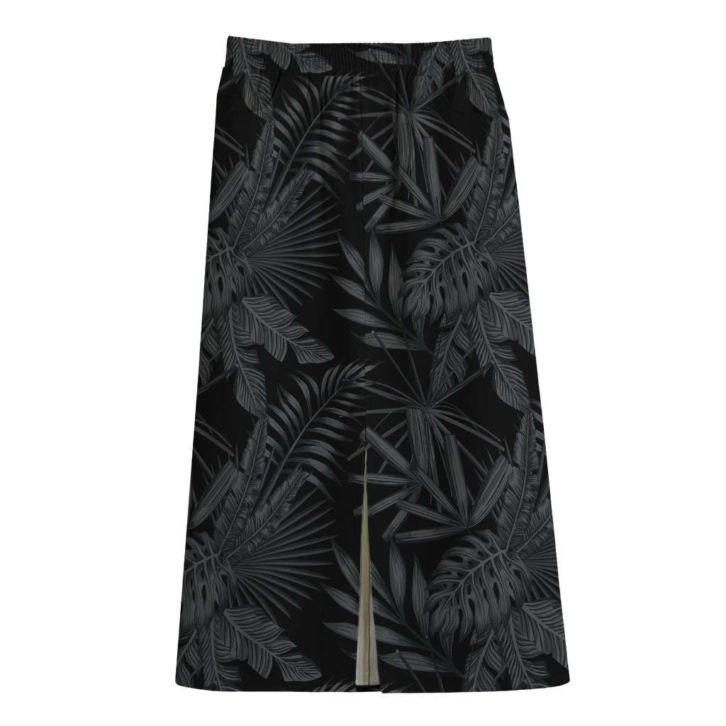 Black Palm Leaf Aloha Pattern Print Cotton Front Slit Maxi Skirt