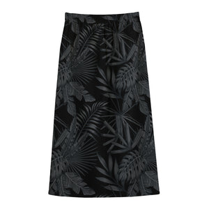 Black Palm Leaf Aloha Pattern Print Cotton Front Slit Maxi Skirt