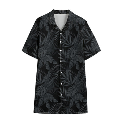 Black Palm Leaf Aloha Pattern Print Cotton Hawaiian Shirt